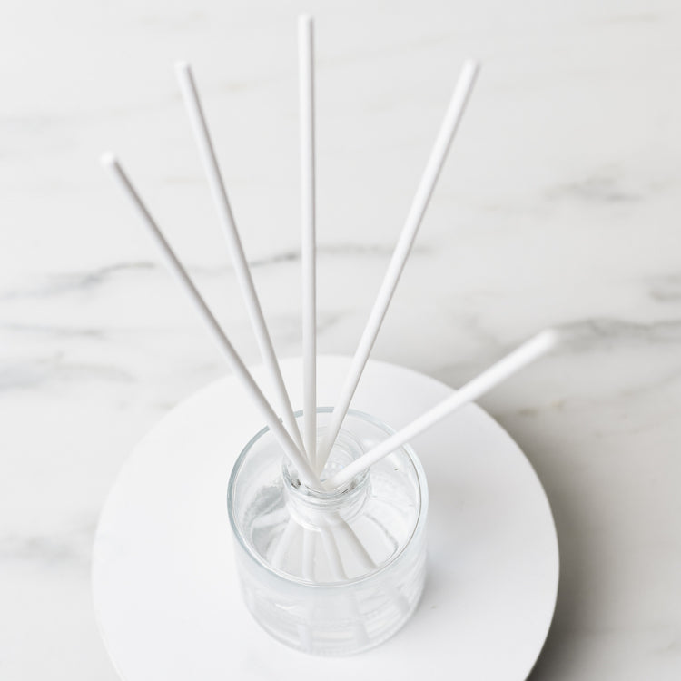 White reeds in a bottle on a white top on a white marble table.