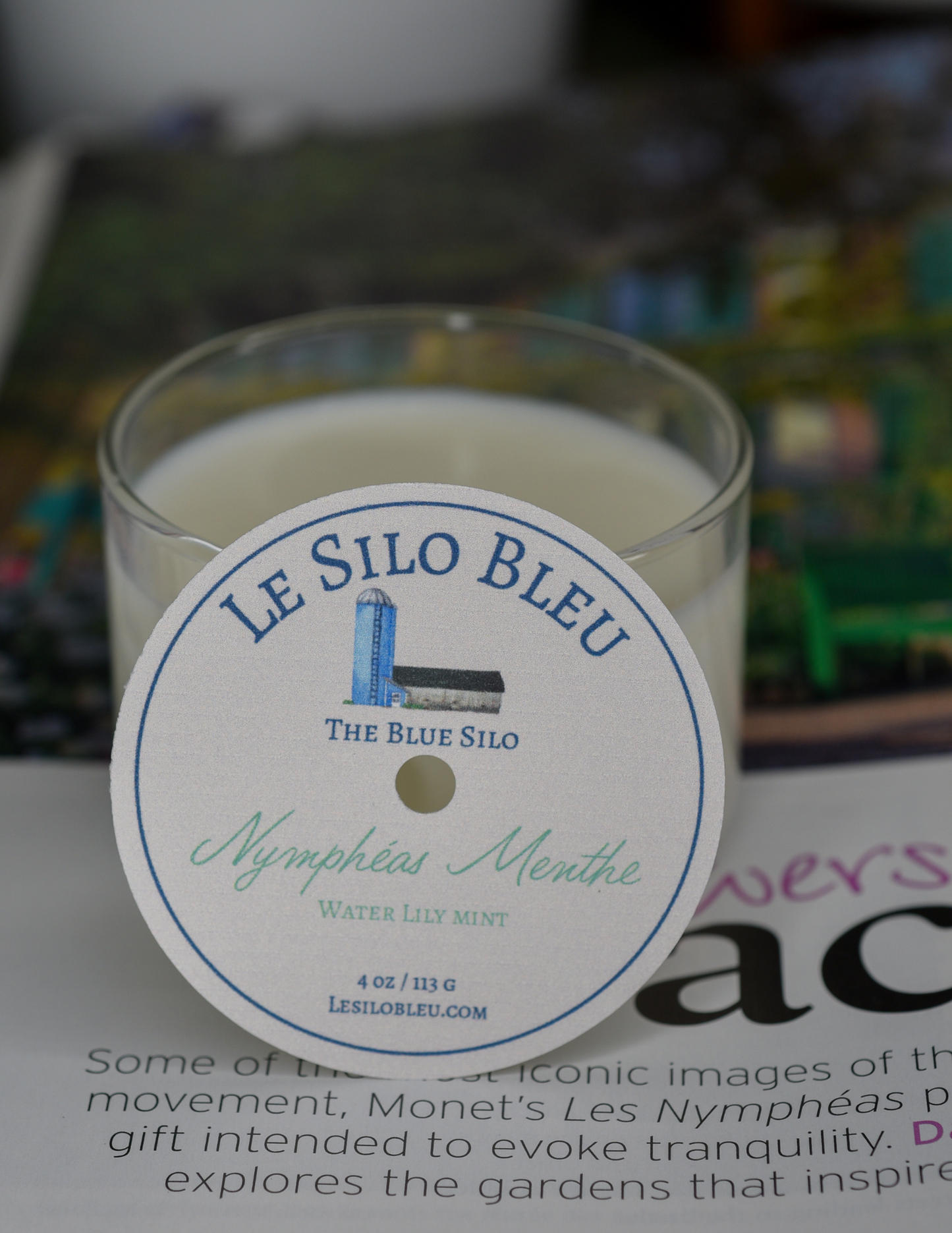A waterlily and mint scented candle is sitting on top of a French magazine with a plant in a white pot in the background.