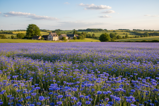 French countryside field of cornflowers with house in the distant.