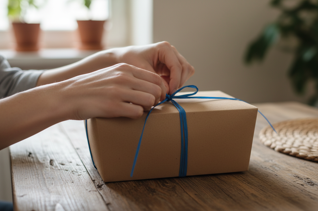 Wrapping a pamper box with a royal blue raffata ribbon