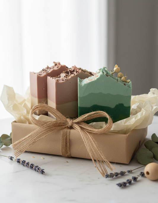 Three bars of soap, eucalyptus and two oatmilk soaps sitting on a brown package tied with string. 