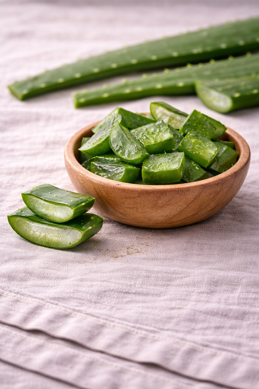 Cut pieces of aloe vera in a bowl and plant material on the linen tablecloth.