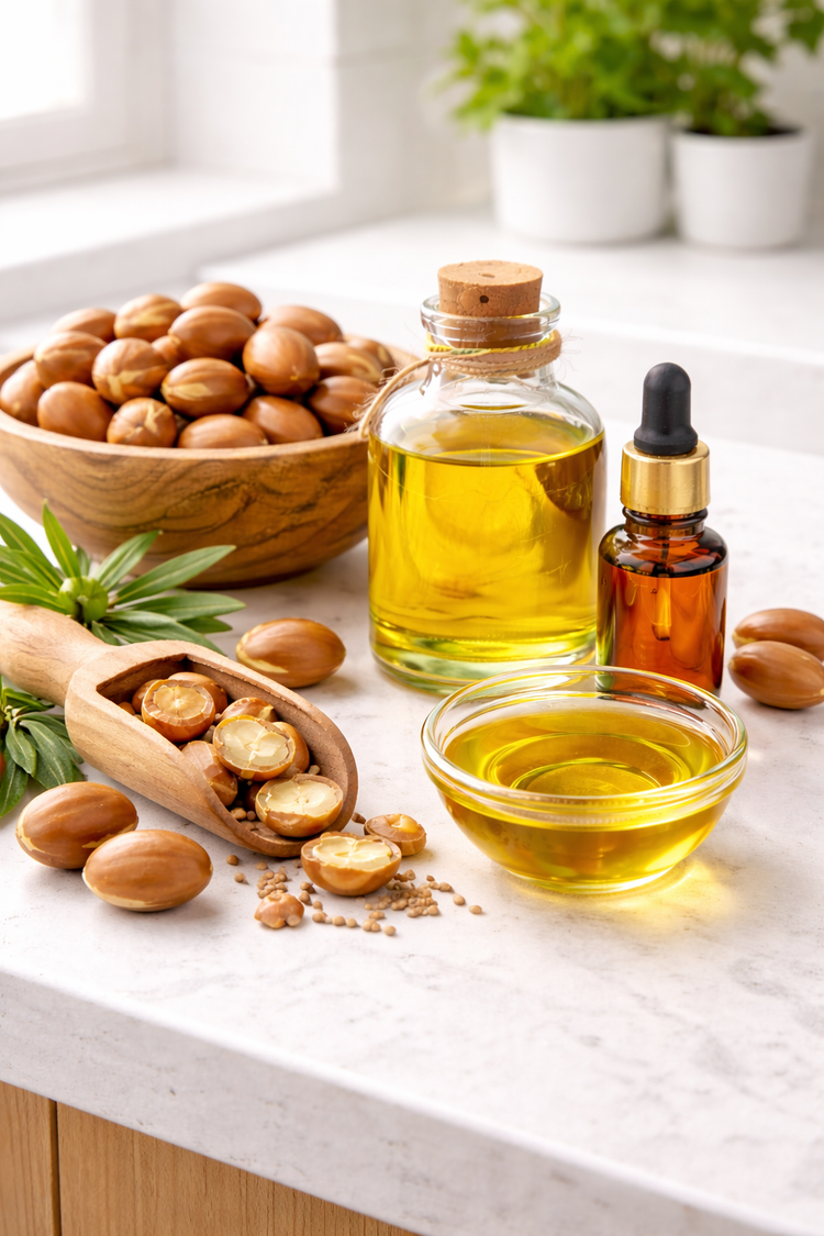 Nuts, oil bottles, and a dropper on a marble surface with plants in the background