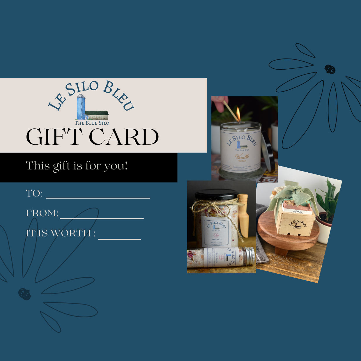 A promotional image featuring a gift card from 'Le Silo Bleu' with a jar and flowers graphic, indicating a personalized message can be added, and a 'Thank you' note from the brand.