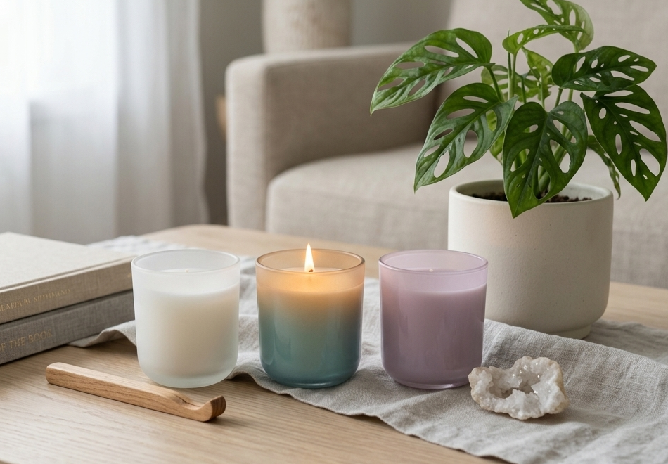 Two sizes of hand poured unlit soy wax candles in a glass jars labeled "Pluie de Lavande- Lavender Rain " sitting on a wooden tabletop. In the background there is a white linen towel with lavender stripes in an antique box with a metal handle.