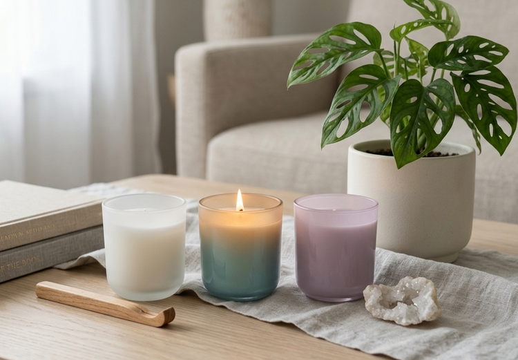 Two sizes of hand poured unlit soy wax candles in a glass jars labeled "Pluie de Lavande- Lavender Rain " sitting on a wooden tabletop. In the background there is a white linen towel with lavender stripes in an antique box with a metal handle.