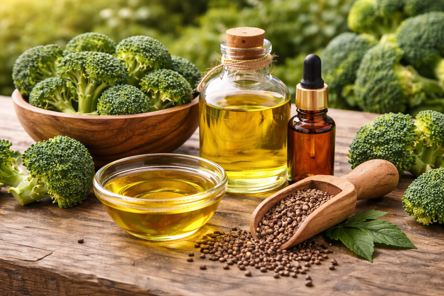 Broccoli, oil, seeds, and a dropper on a wooden surface with a blurred green background.