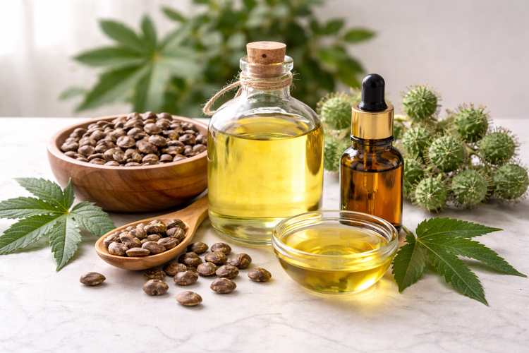 Castor seeds, oil, and leaves on a light surface with a blurred green background