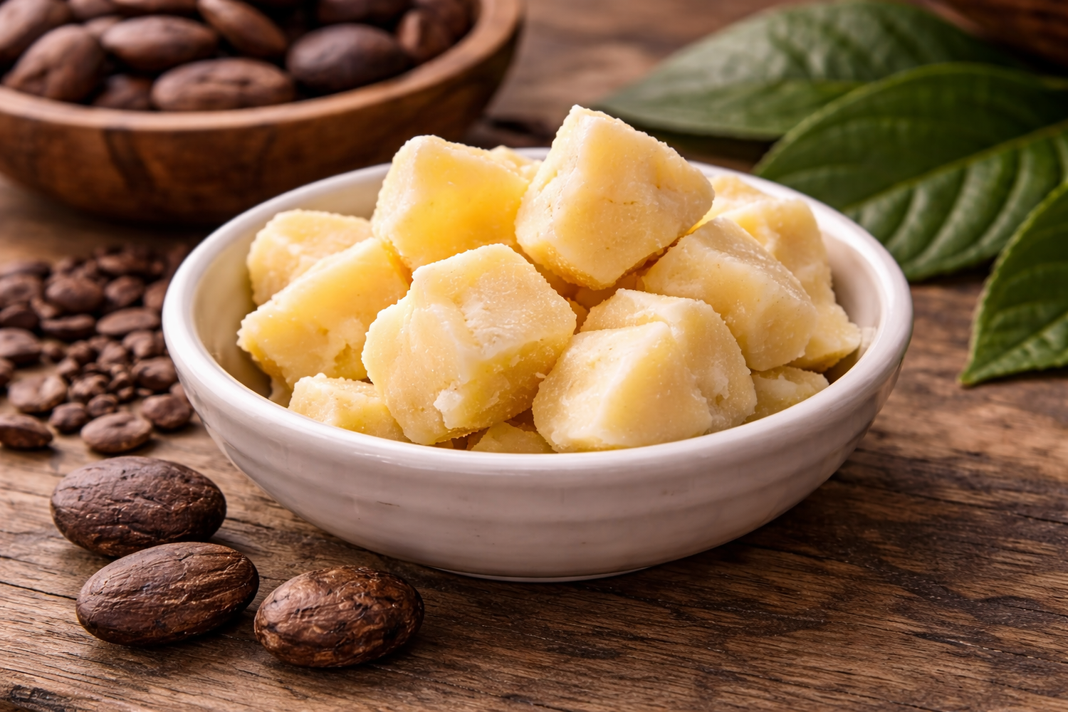 raw cocoa butter in a white bowl with the cocoa seeds sitting on a wood table with a green plant off to the side.
