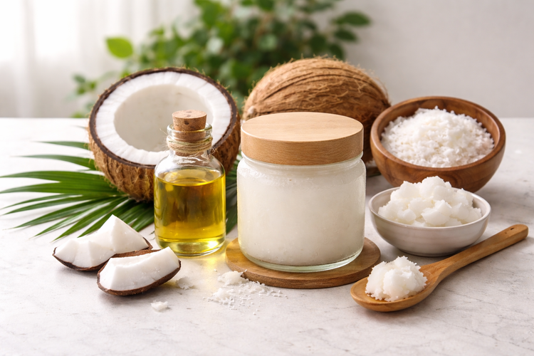 Coconut Oil in various forms on a white table with a plant in the background.