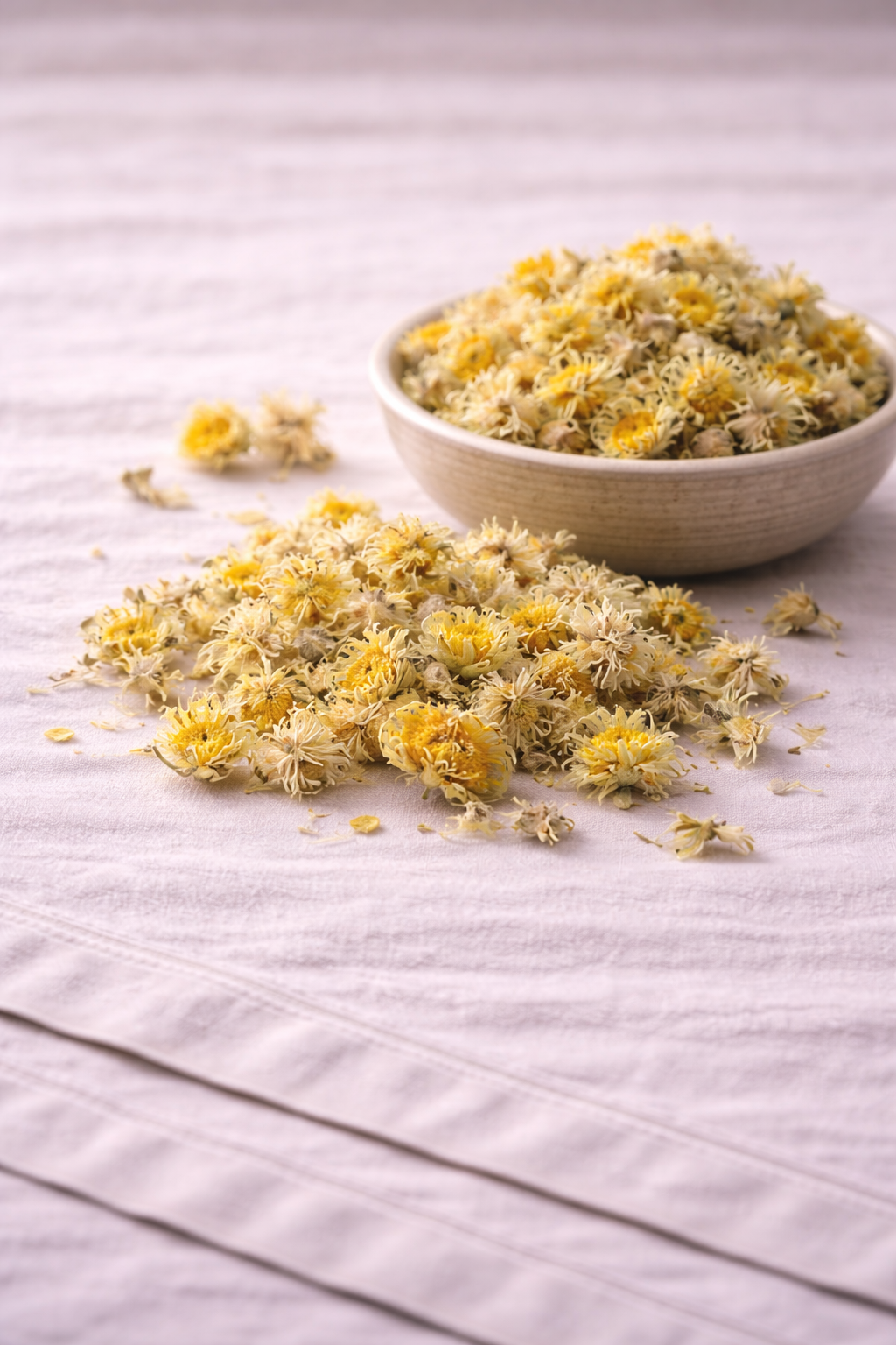Dried Helichrysum in a rustic bowl with more plant material around it sitting on a linen tablecloth.