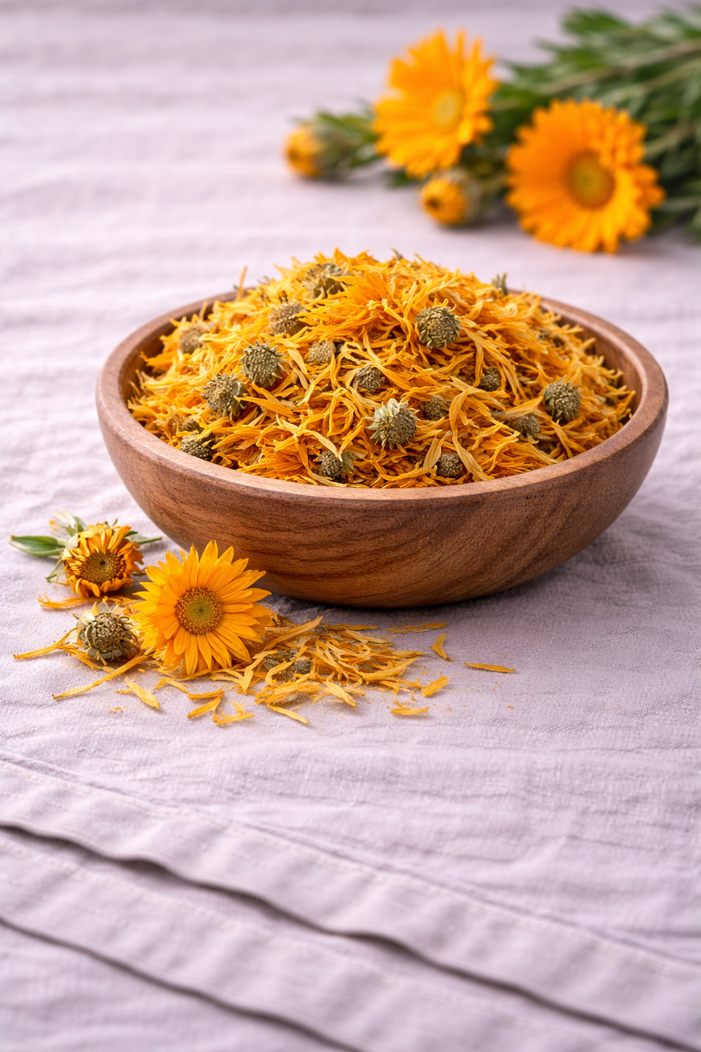 Dried calendula flowers in a wooden bowl on a linen tablecloth with the flowers around and in the background.