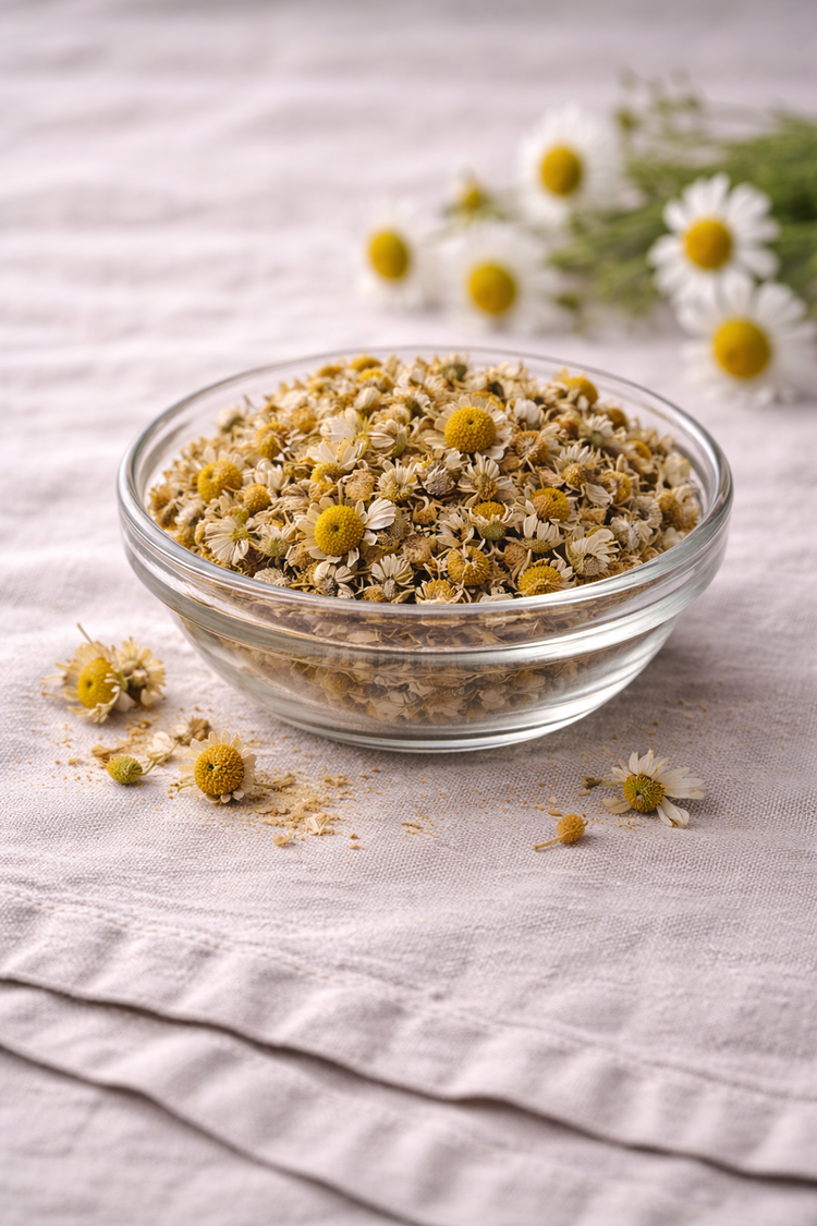 Dried chamomile in a glass bowl with more plant material and flowers in the background and around the bowl. 