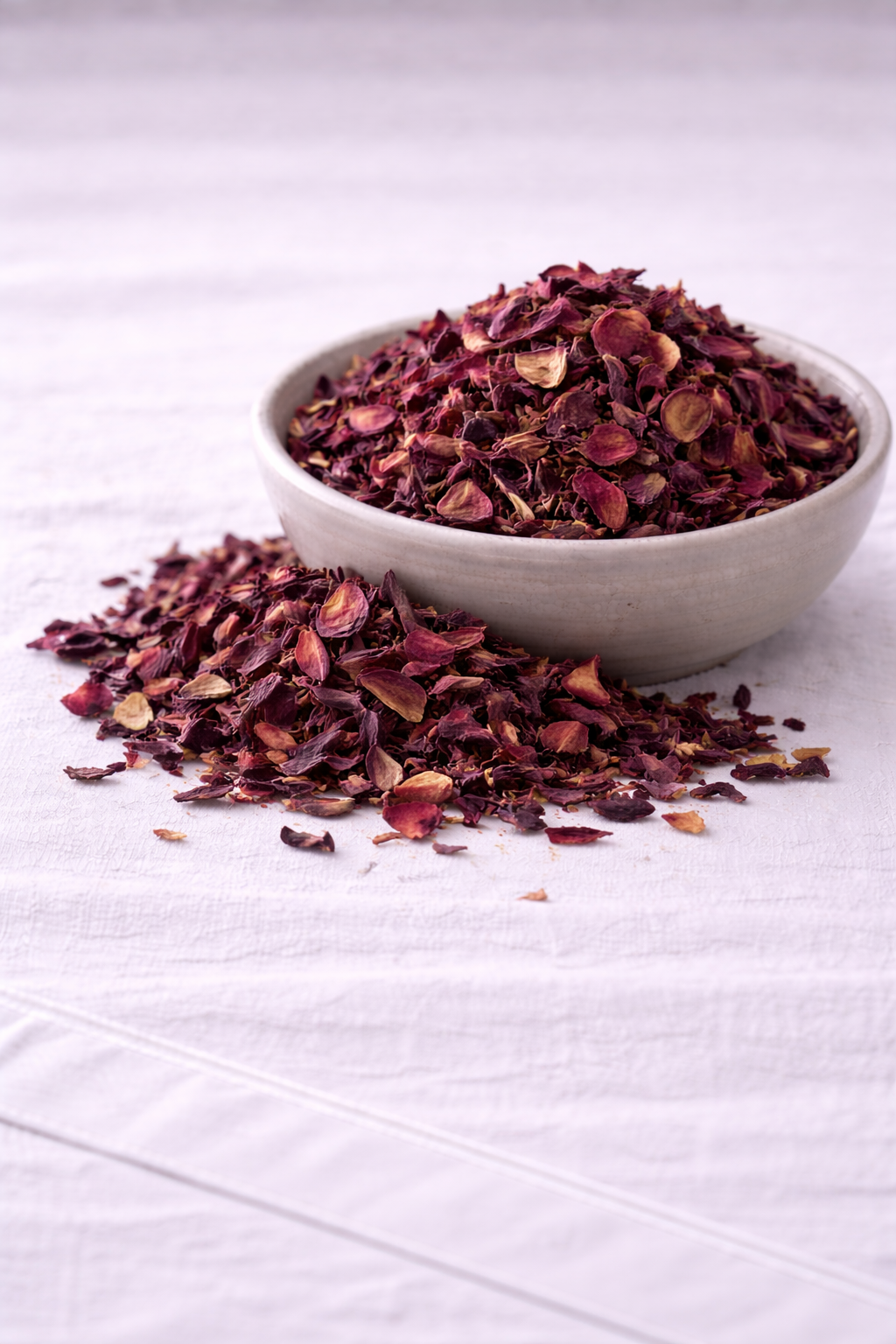 Dried hibiscus flower petals in a rustic bowl and more petals around all on a linen tablecloth.