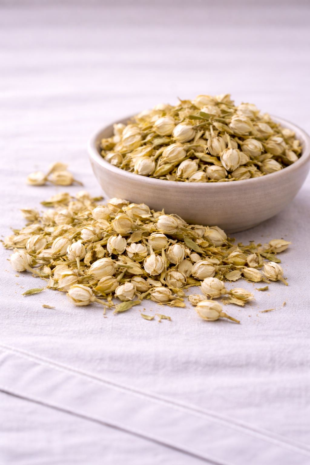 dried jasmine flowers in a rustic bowl and around the bowl sitting on a linen tablecloth