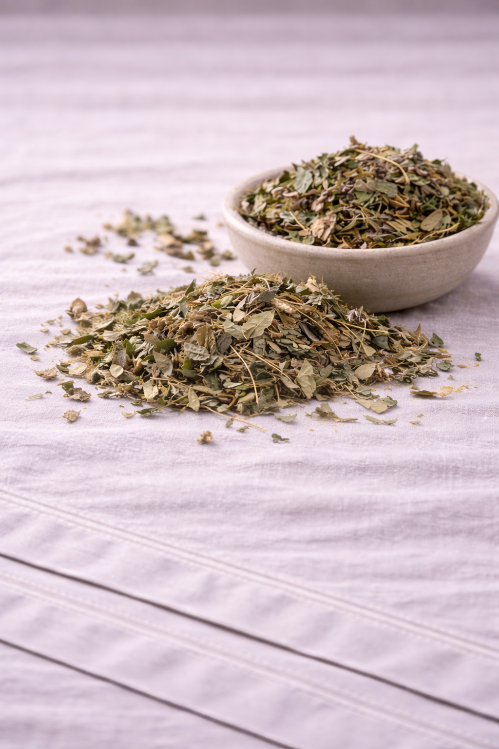 Dried plantain leaves in a rustic bowl sitting on a linen tablecloth with more piles of leaves around it.