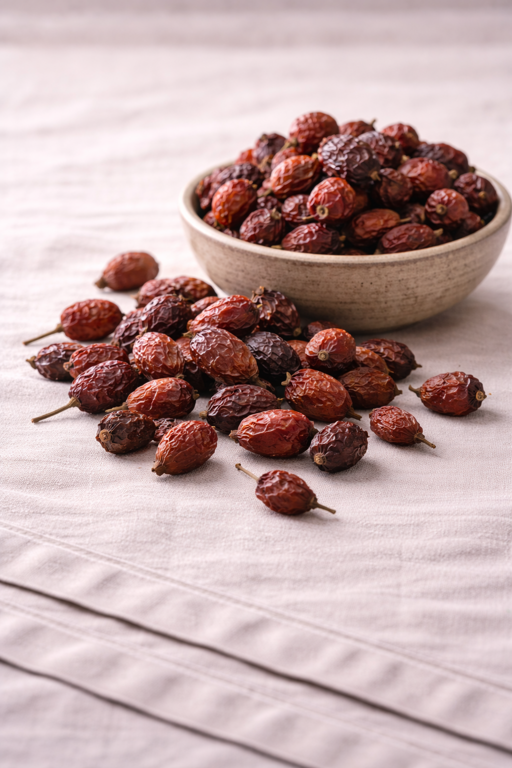 Dried Rosehips in a rustic bowl on a linen table cloth 