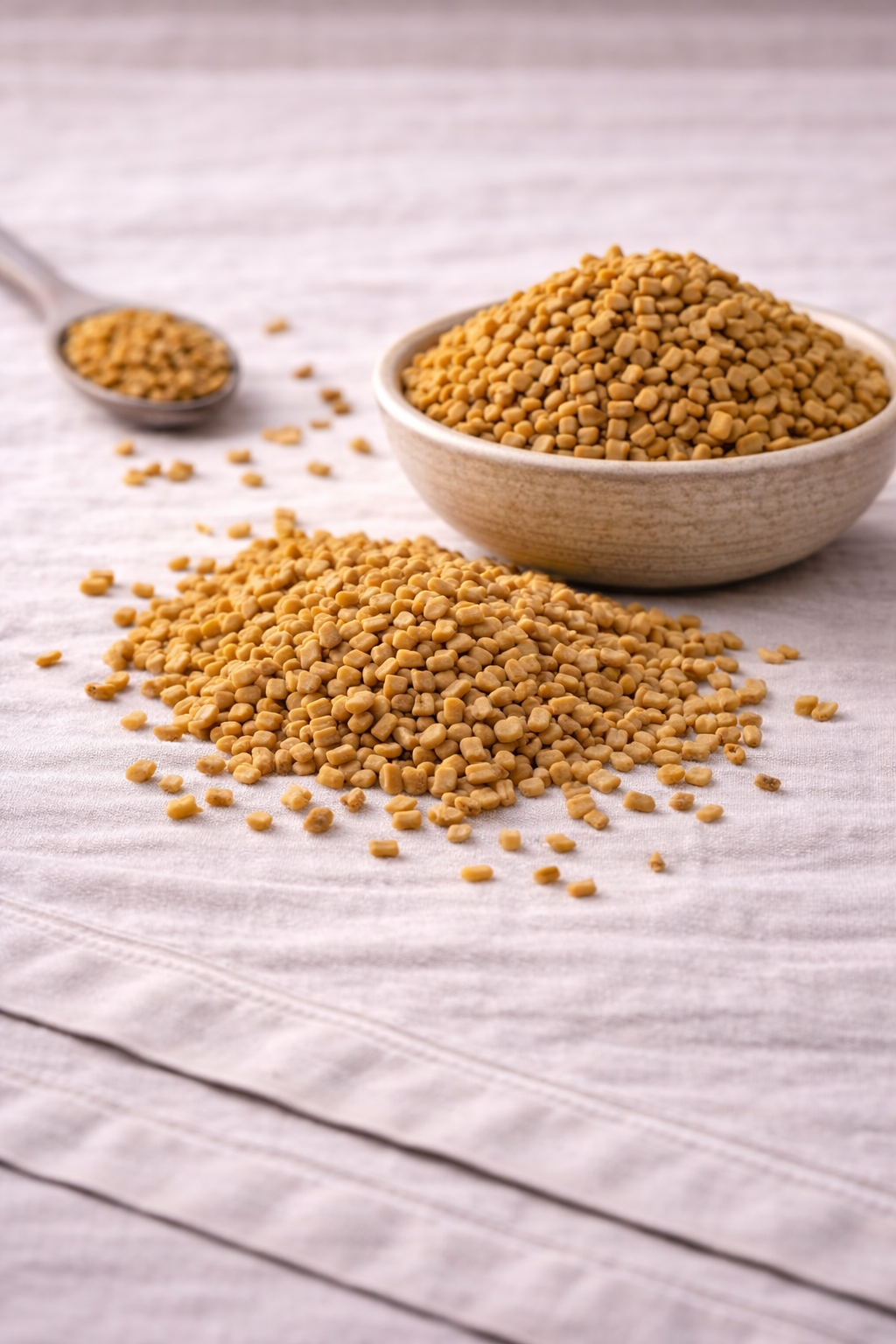 Dried Fenugreek in a rustic bowl with a spoonful and some on the table top on top of a linen tableclothe.