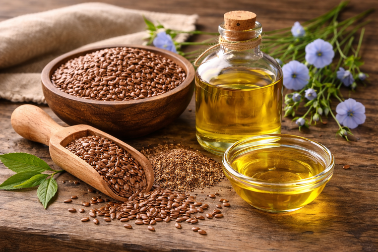 Flaxseed oil on a wooden surface with flowers in the background