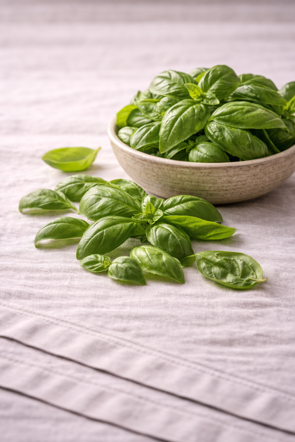 Fresh basil in a rustic bowl with additional leaves strewn around it on top of a linen tablecloth.