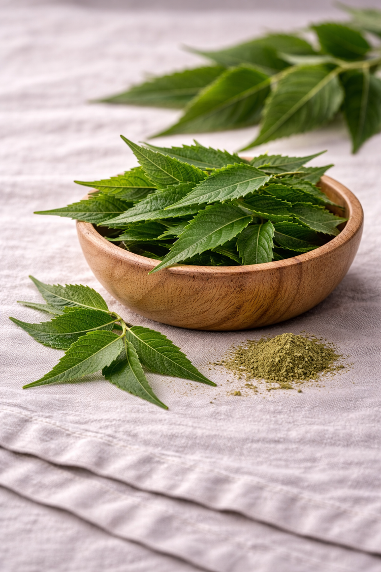 Neem leaves in a wooden bowl sitting on a linen tablecloth with more plant material in the background.