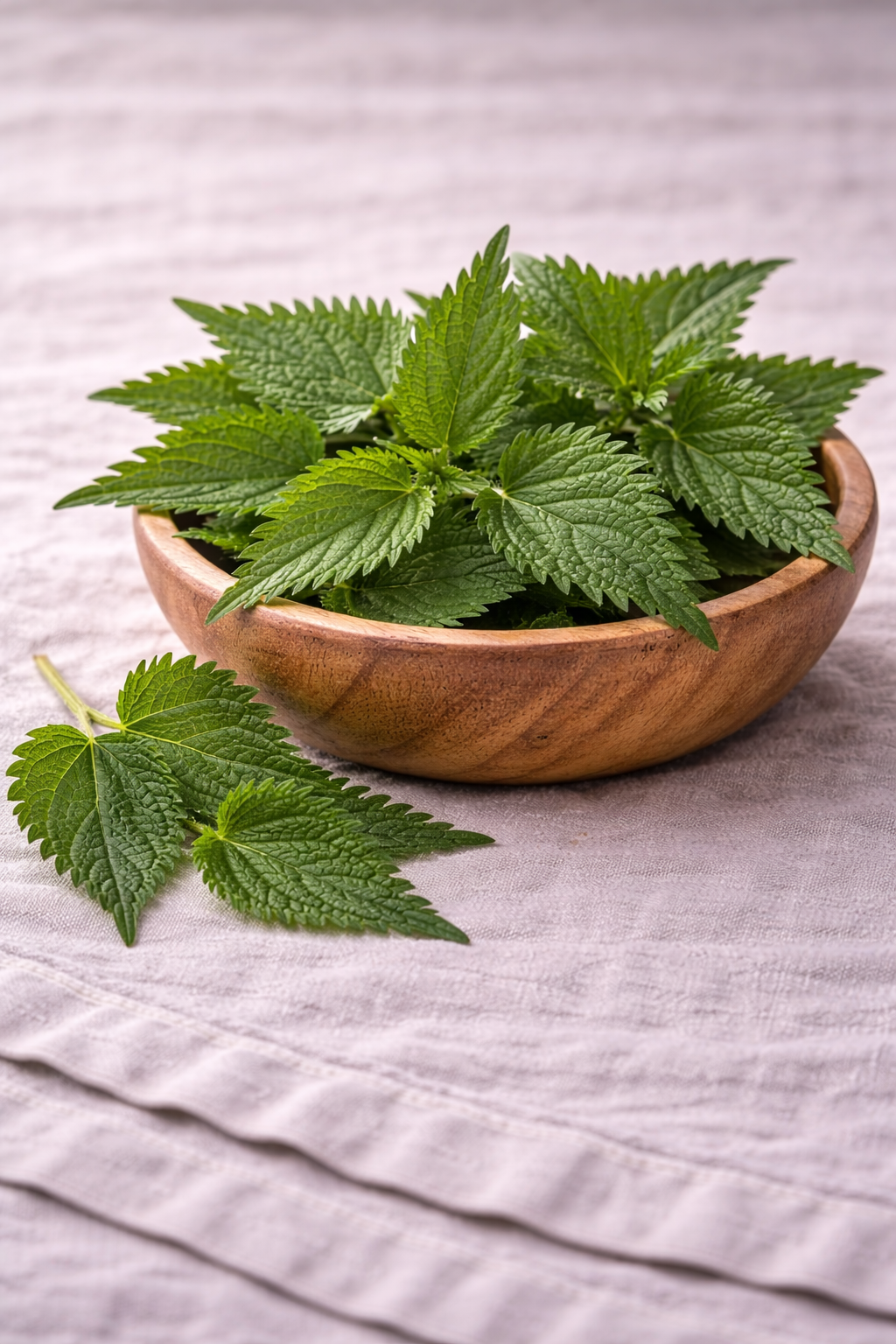 Nettle leaves in a wooden bowl on a linen tablecloth
