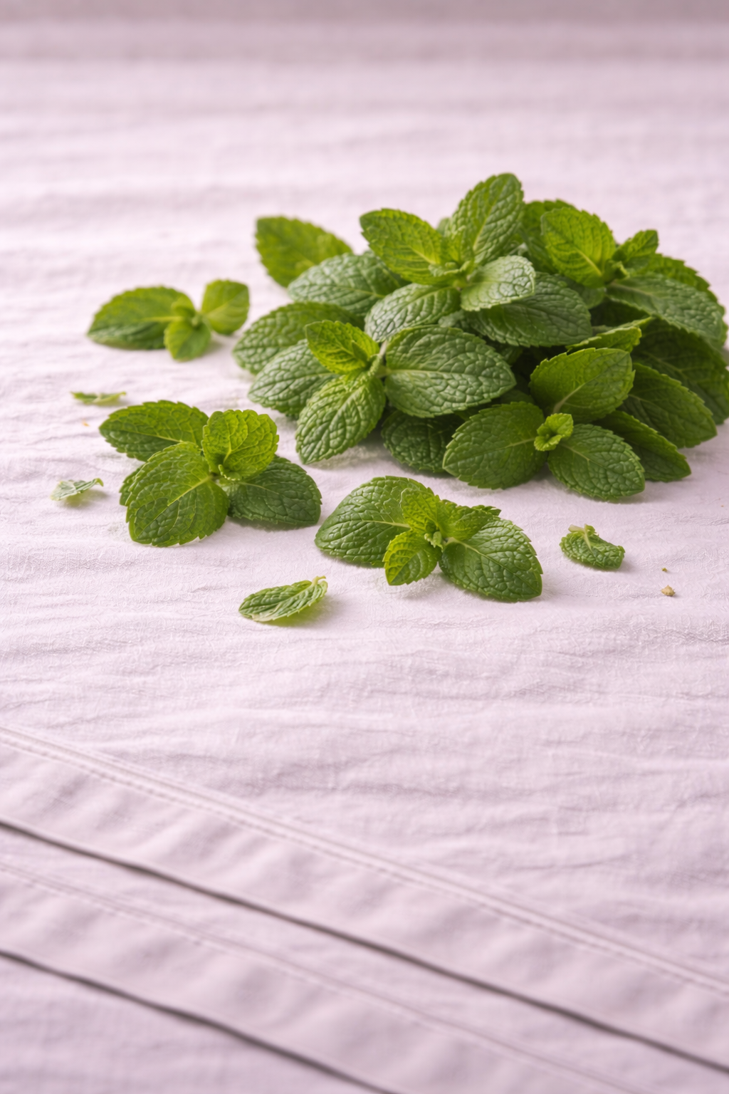 Fresh peppermint leaves sitting on a linen tablecloth