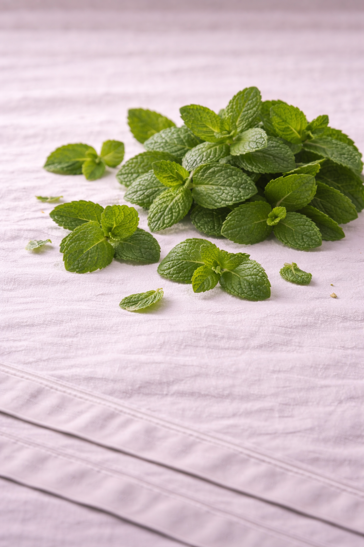 Fresh peppermint leaves sitting on a linen tablecloth
