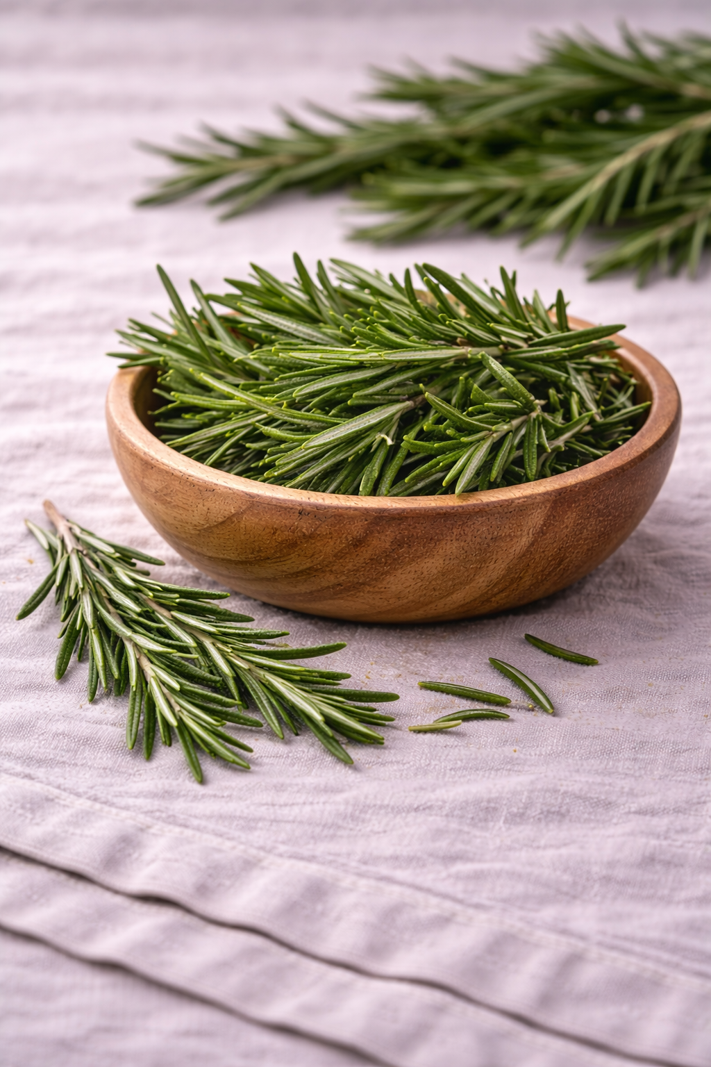 Rosemary in a wooden bowl on a linen tablecloth