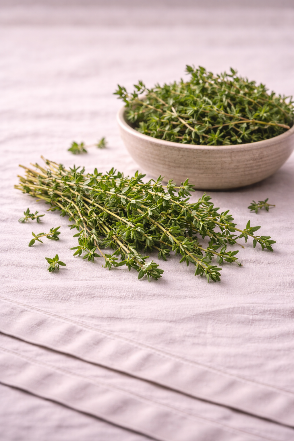 Fresh thyme sitting on a linen tablecloth with a rustic bowl full of the herb next to it. 