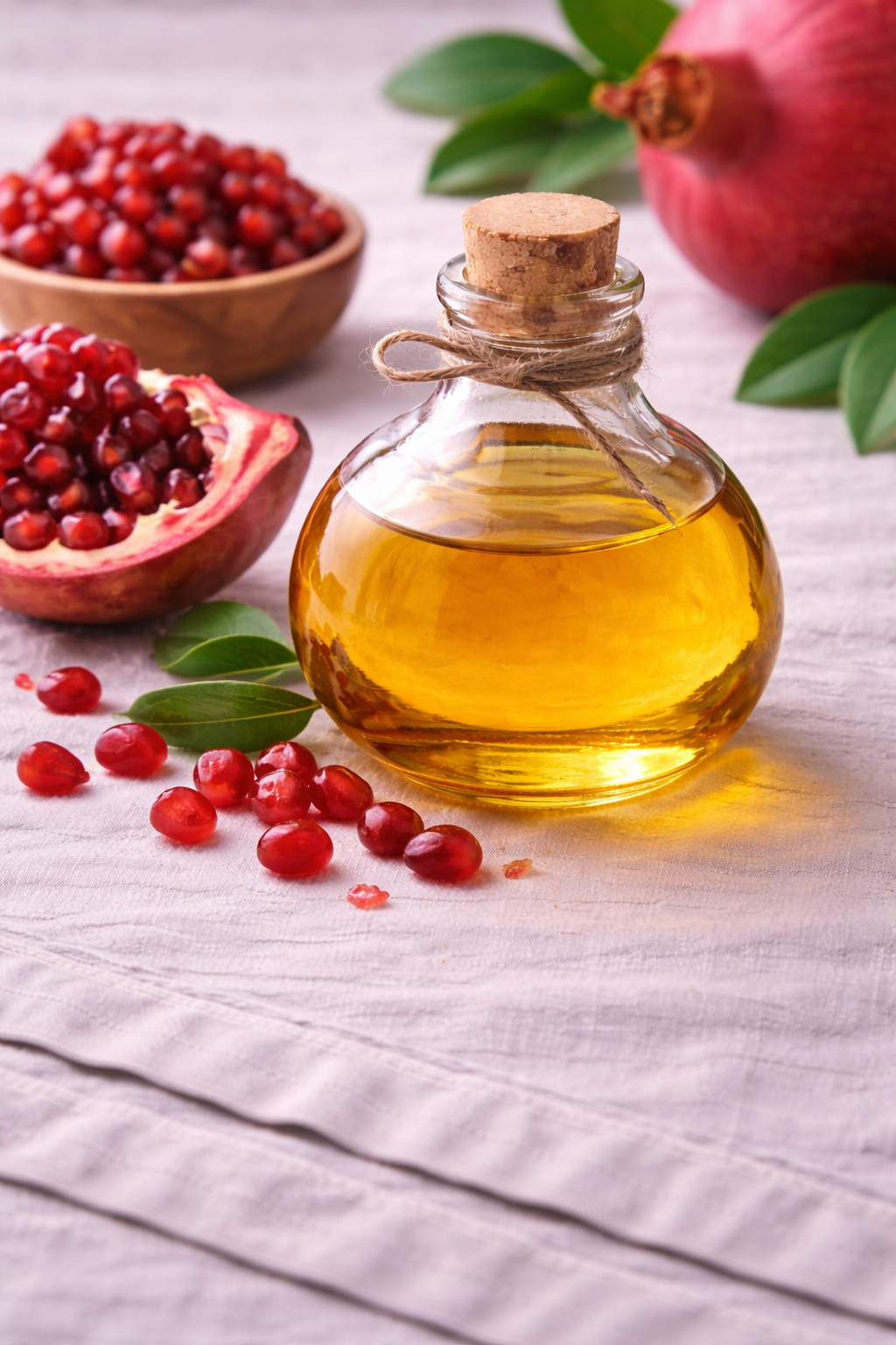 Pomegranate oil in a flask with seeds of pomegranates and leaves on a linen surface surface