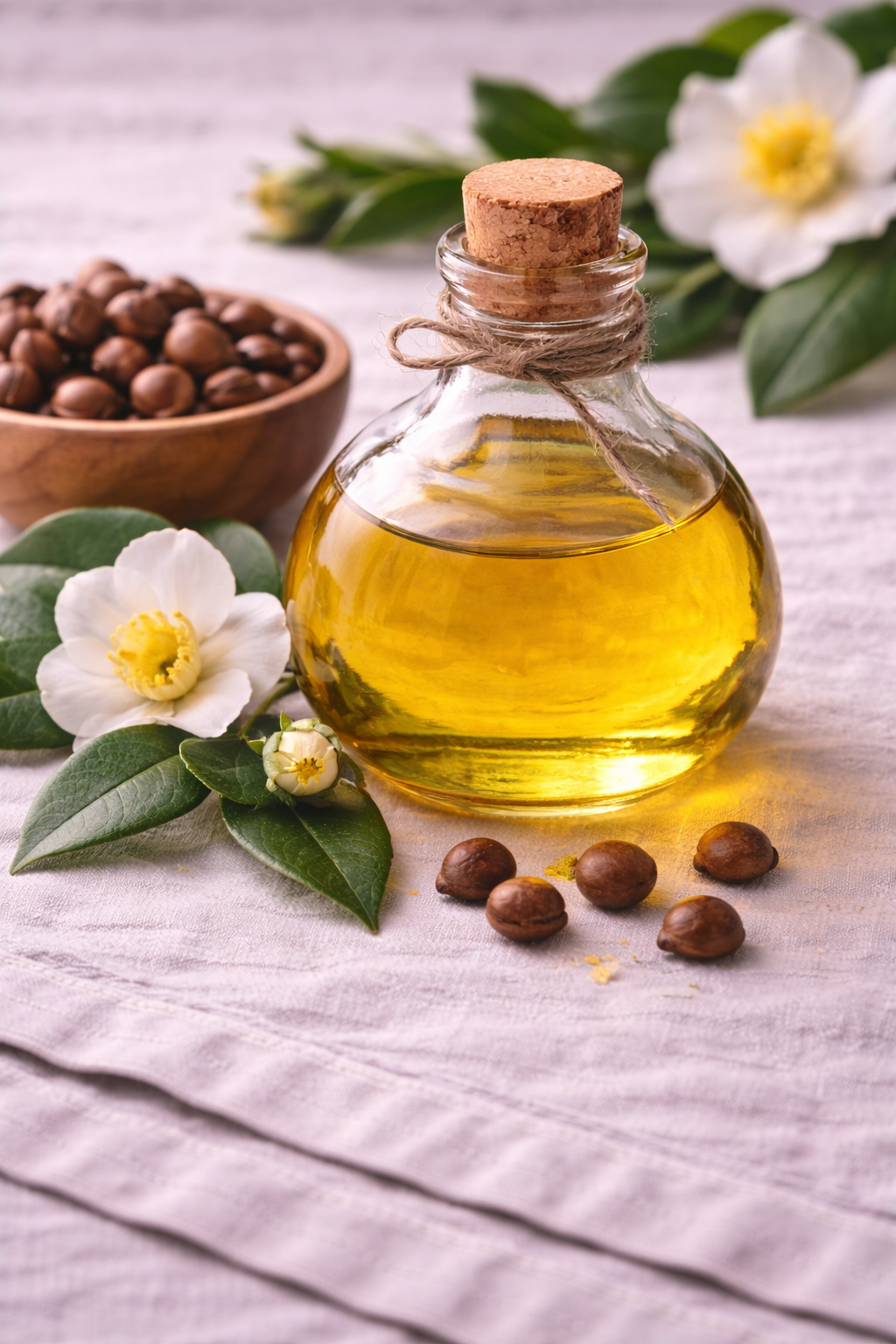 Camellia seed oil in a jar with a cork and twine ribbon with the flowers and nuts on a linen surface. 