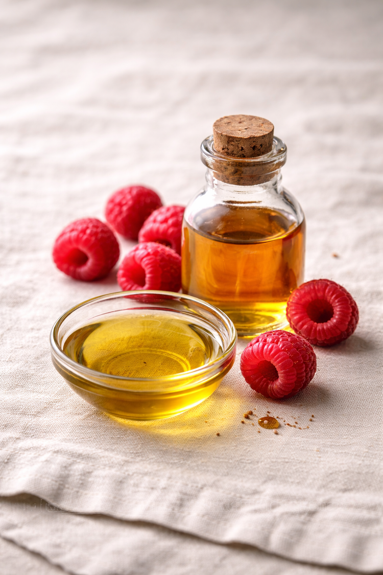 Golden raspberry seed oil in a bowl with a bottle of oil and raspberries on a linen table cloth.