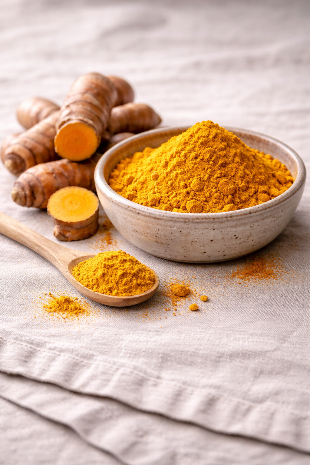Golden tumeric in a bowl with the roots on a linen surface.