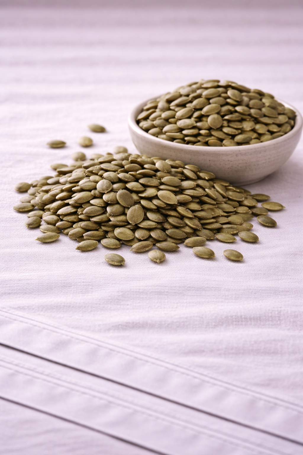 Green pumpkin seeds in a rustic bowl on a linen tablecloth.