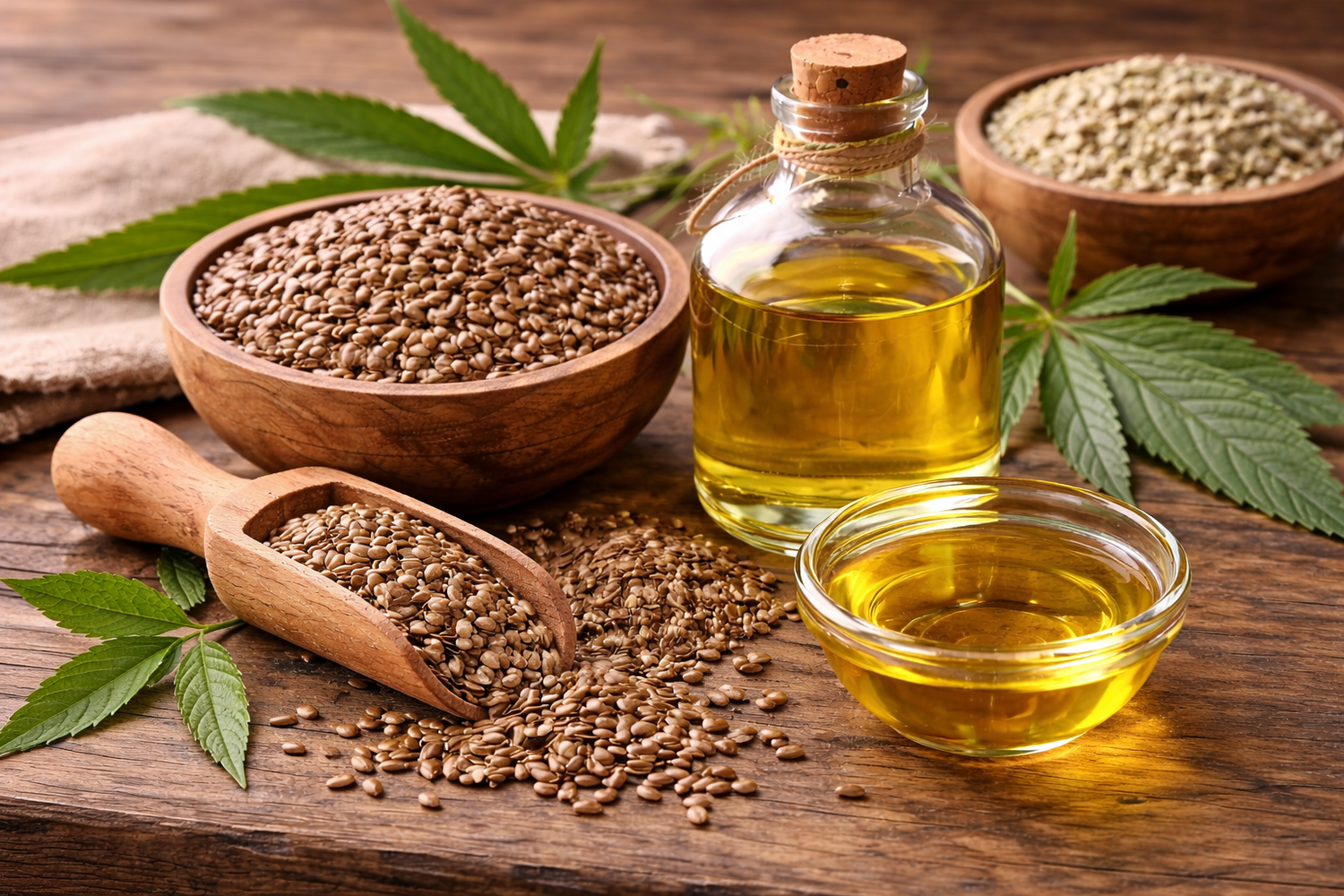 Hemp seeds, oil, and leaves on a wooden surface