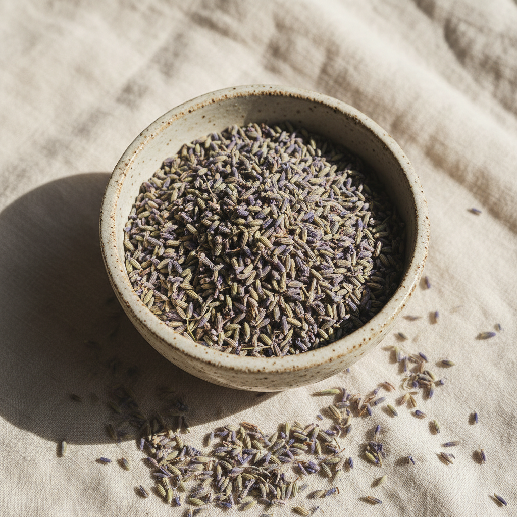 lavender buds in a rustic bowl on a linen tablecloth