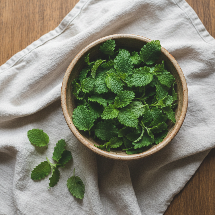 Lemon balm in a rustic bowl on a white linen cloth on top of a wood table. There are leaves strewn around. 