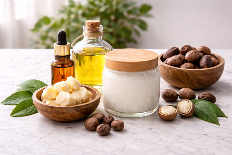 Shea butter and it's raw ingredients in bowls and bottles sitting on a white table with a plant in the background.