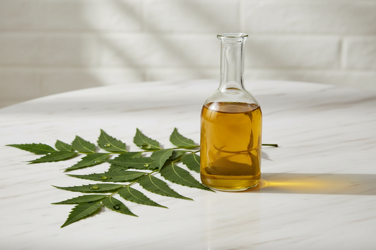 Neem oil bottle with a neem leaf on a white table with a white tile background.