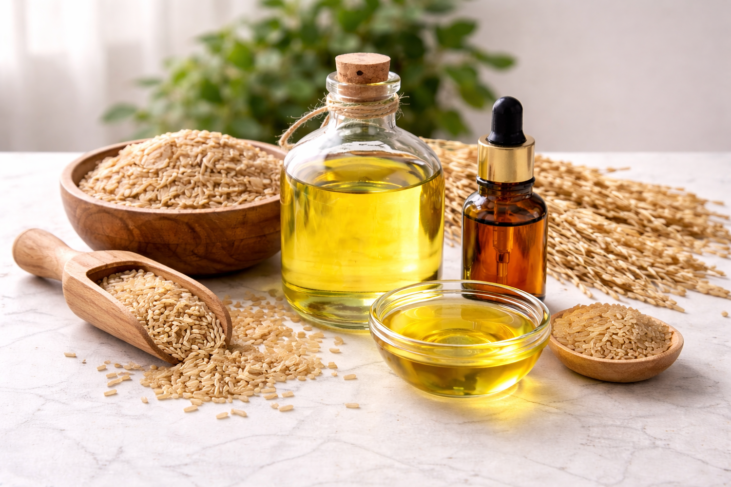 Rice bran oil and its raw ingredient states-plant, milled in a wooden bowl,. Sitting on a table with a green plant in the backdground.