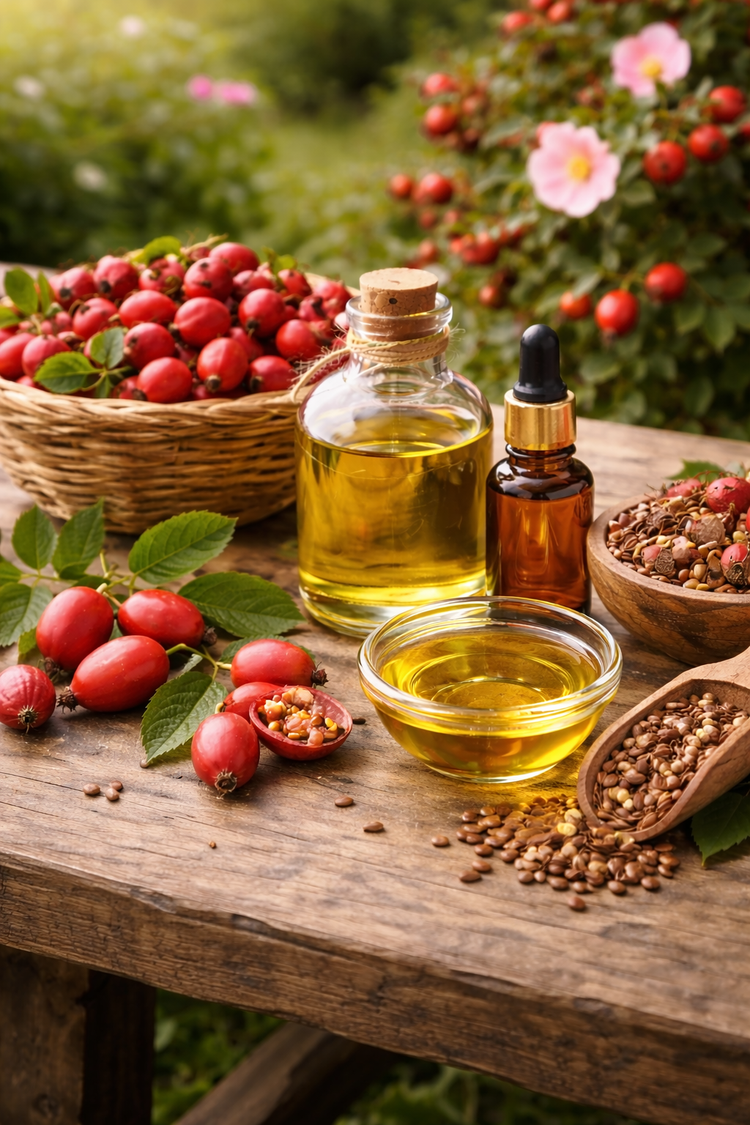 Bottle of rosehip oil, dropper bottle, and bowl of oil on a wooden table with rosehips and seeds.
