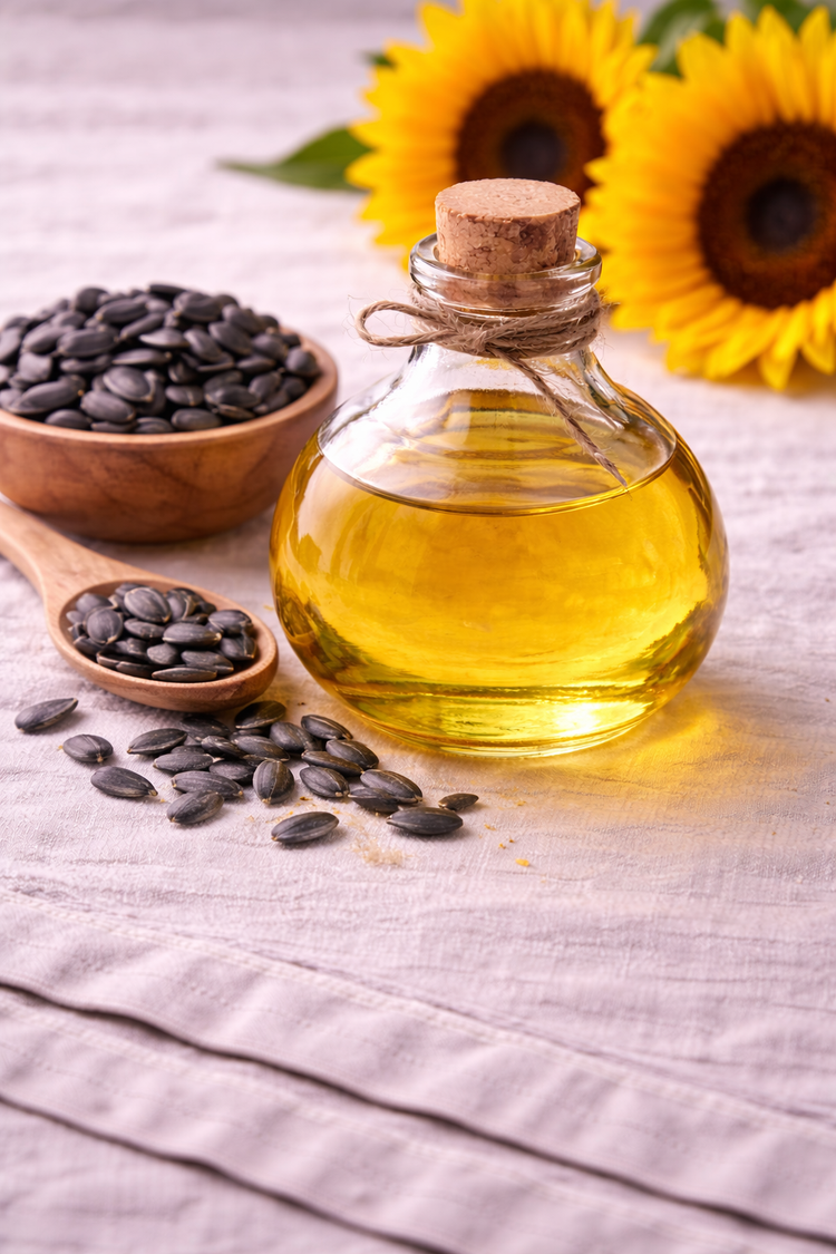 Sunflower oil in a glass flask with cork and twine bow on a linen tablecloth with flowers and seeds in bowl.