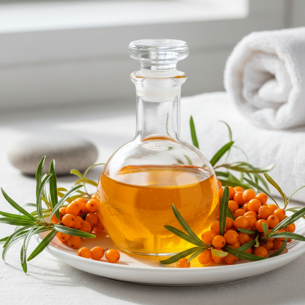 Sea buckthorn oil in a flask on a plate with the plant and white background with a stone and towel in the background. 