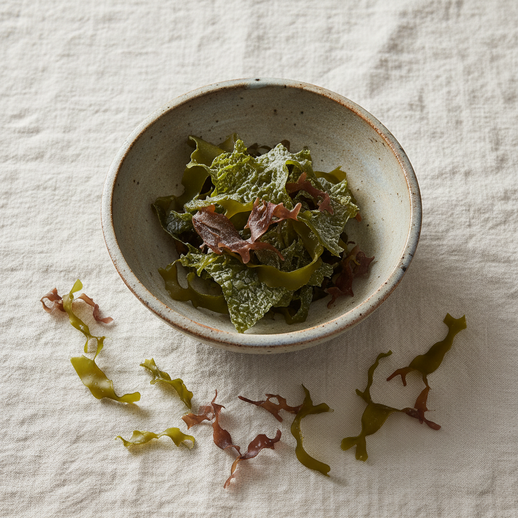 Seaweed & Kelp in a rustic bowl sitting on a linen tablecloth.