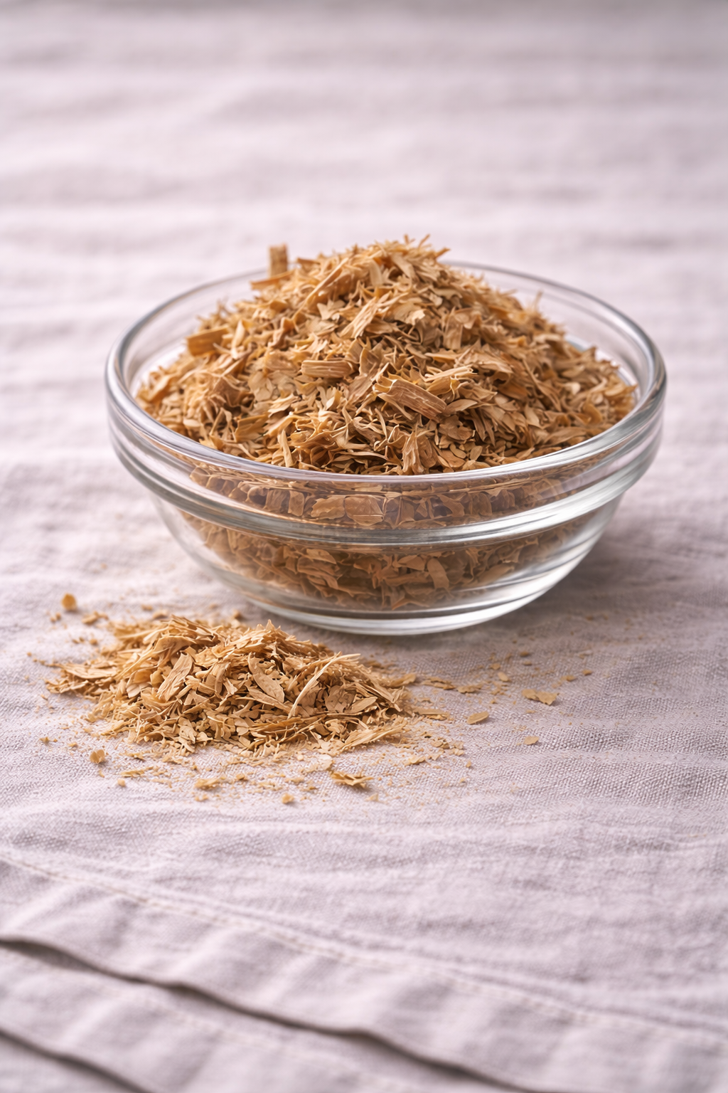 Slippery Elm pieces in a glass bowl sitting on a linen tablecloth.