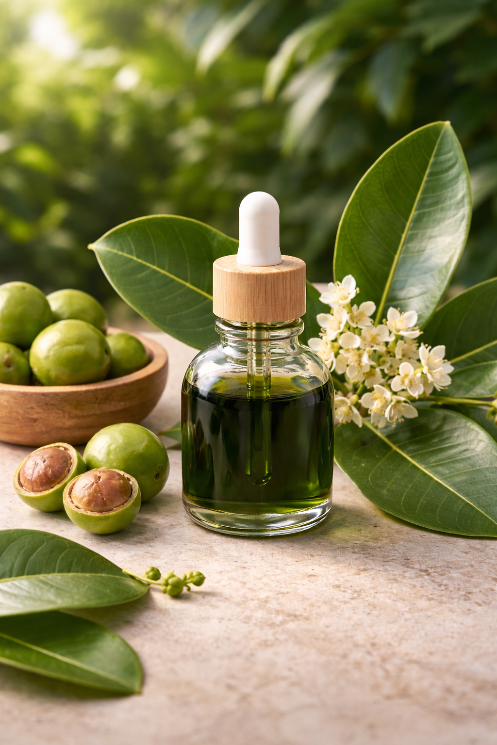 Tamanu_oil_in_natural_setting with plants and a glass dropper bottle