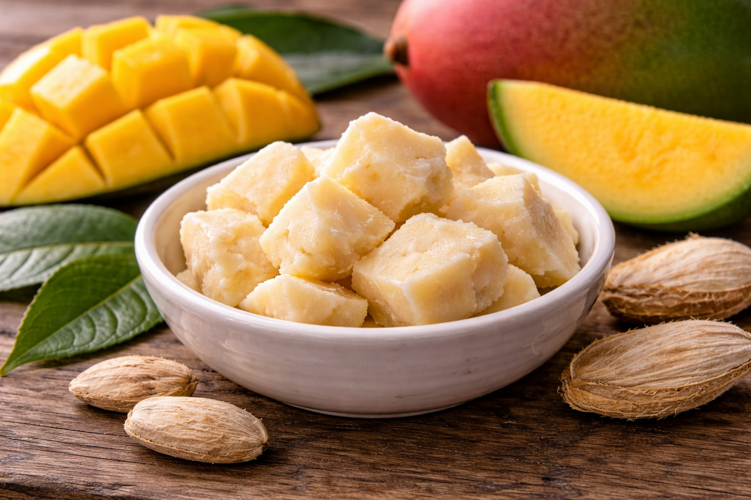 Cubes of mango butter in a white bowl on a wooden table surrounded by mango fruits and their seeds.