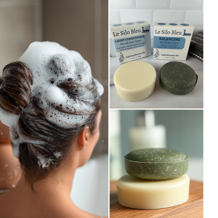 a three panel collage features a person washing their hair with white suds, a collection of boxed solid shampoo bars, and a stack of two solid shampoo bars. 