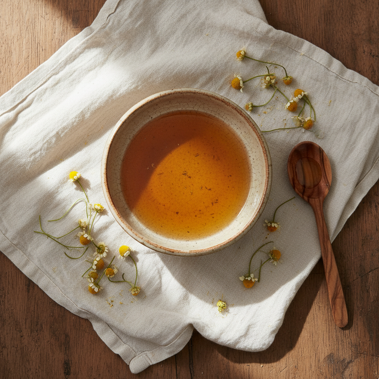 Chamomile extract in a rustic bowl on top of a linen napkin with a wooden spoon and plant material all on top of a wooden table.